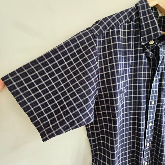 L.L. Bean Mens Navy Blue Plaid Short Sleeve Button-Up Shirt Lg-Reg 100% Cotton - Picture 5 of 8